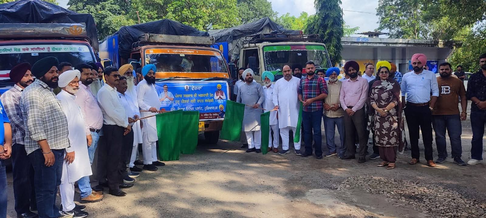 Three trucks of relief material sent from Verka Milk Plant Hoshiarpur to flood-affected areas.